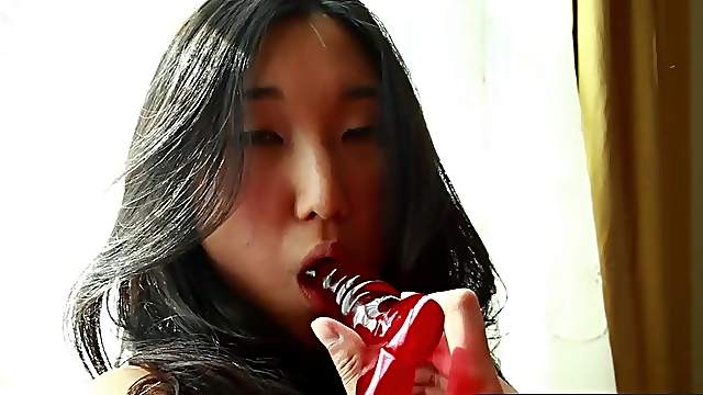 Girls Out West - Red dildo in an amateur Asian cunt