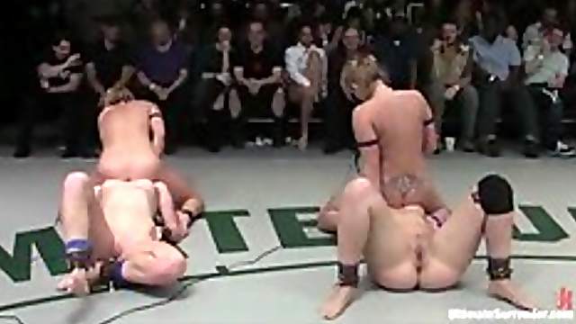 Tag team wrestling match ends in pussy eating