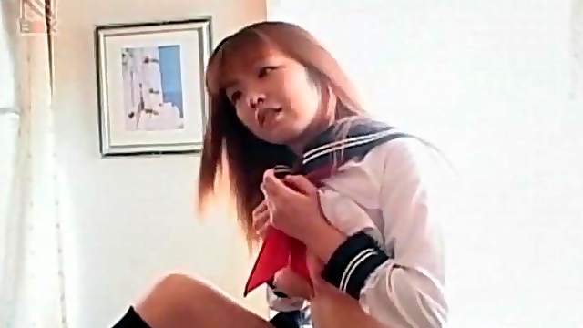 Schoolgirl plays with her pussy as he strokes