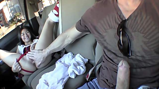 Asian teen sucks his big cock in the car