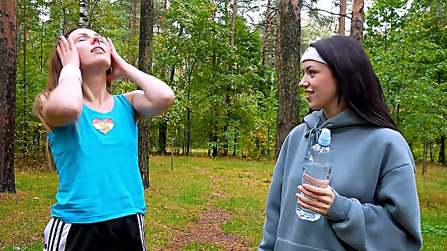 Two cute girls, Violet Clarke and Rihanna Black, have sex in the bathroom.