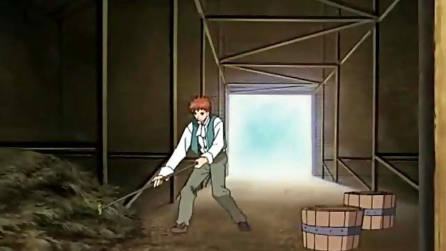 Anime redhead bent over in barn and fucked